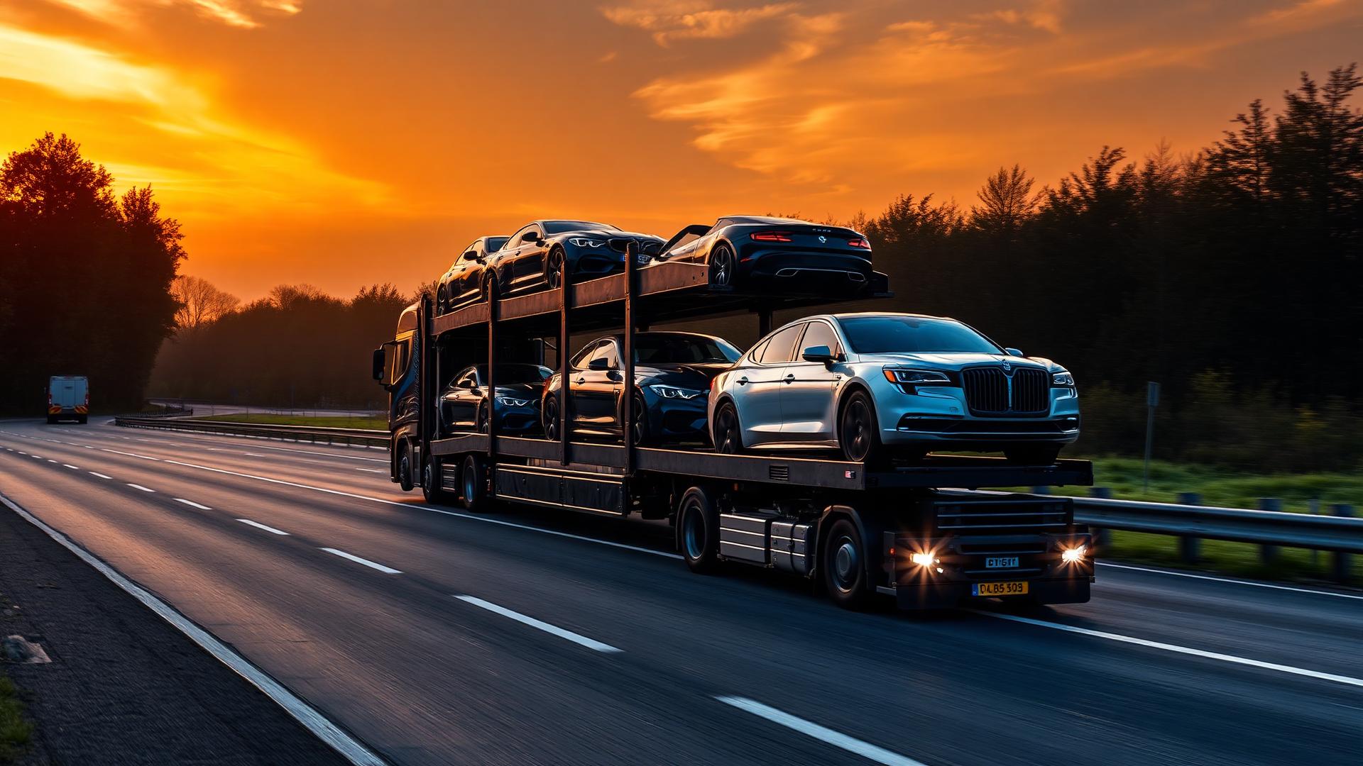 Autotransporter met voertuigen op de snelweg bij zonsondergang